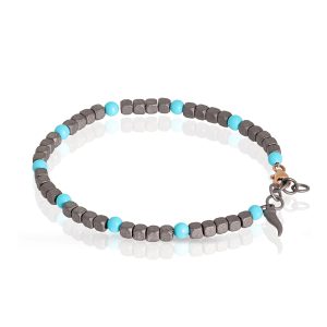 Bracciale da uomo in titanio, 10 sfere in turchese e un charms pendente in titanio