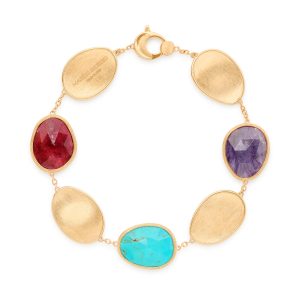 Bracciale in oro giallo 18 carati con tulite, turchese e charoite