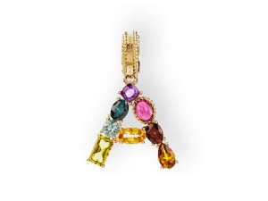Charm A Lettering oro giallo 18 carati e gemme multicolore