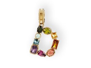 Charm D Lettering oro giallo 18 carati e gemme multicolore