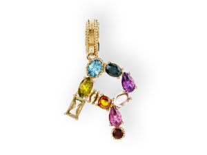 Charm R Lettering oro giallo 18 carati e gemme multicolore